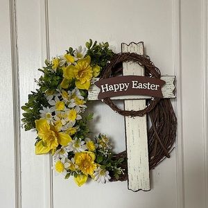 Handmade daffodil Easter cross wreath 14”